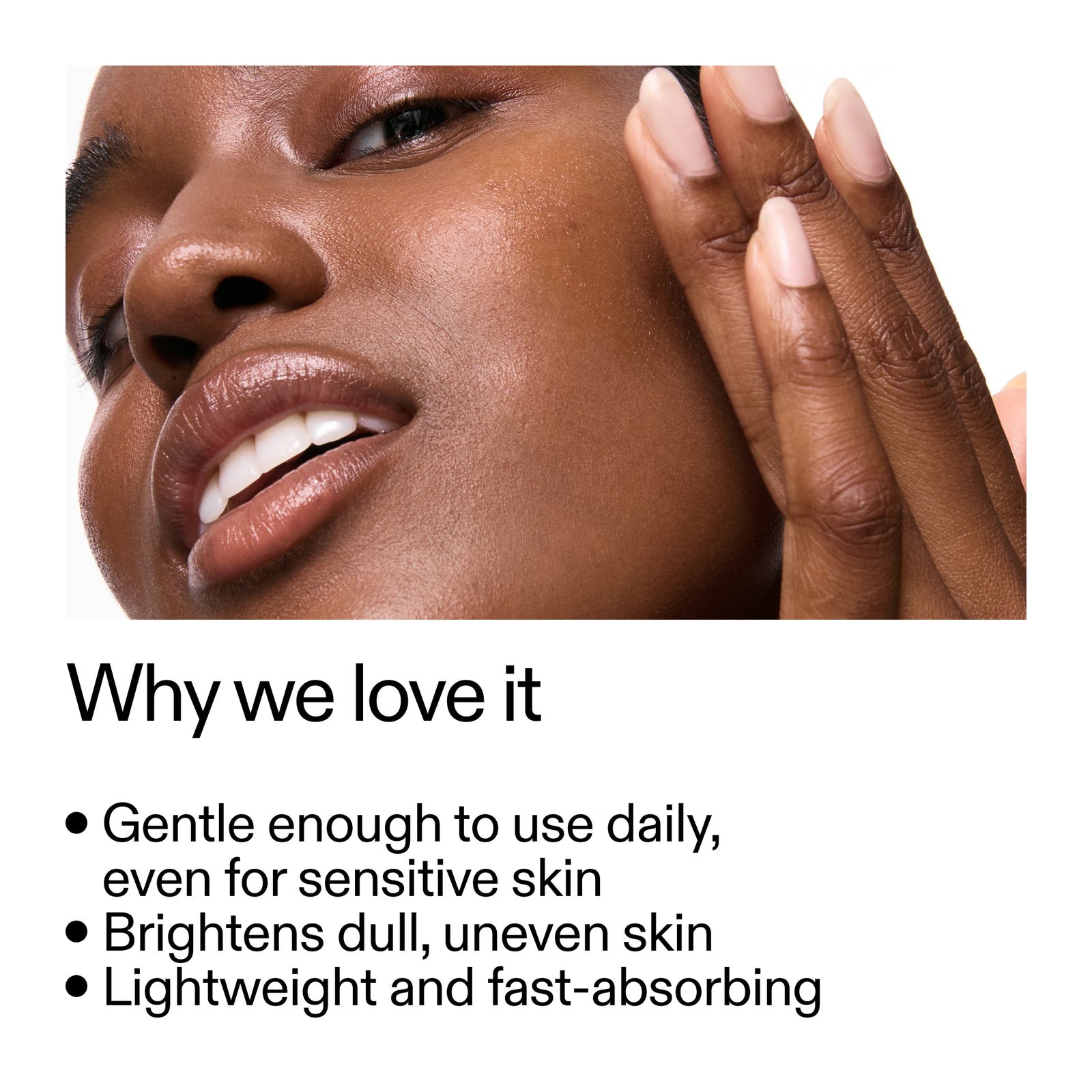 Woman applying 15% Vitamin C + EGF Serum with text highlighting benefits on a white background