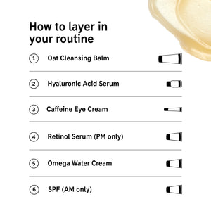 1. Oat balm 2. Hyaluronic Serum, 3. Caffeine Eye, 4. Retinol (PM only), 5. Omega Water Cream 5.SPF (AM only)