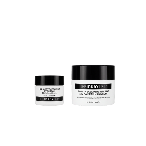 Two skincare jars from The Inkey List on a plain white background: a smaller white jar with a black lid labeled Bio-Active Ceramide Eye Cream, and a larger white jar with a black lid labeled Bio-Active Ceramide Repairing and Plumping Moisturizer.