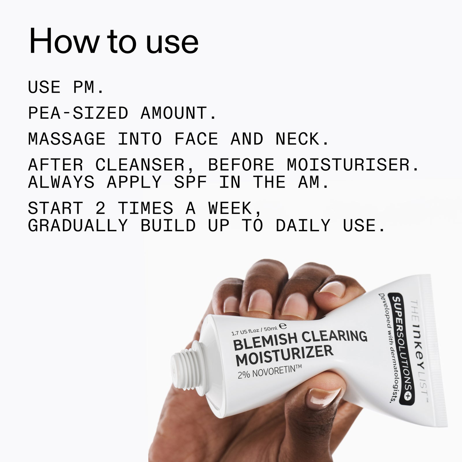 Hand holding a tube of Supersolutions blemish clearing moisturizer with usage instructions.