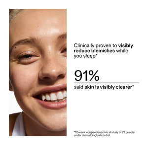 Advertisement for Acne Clearing Moisturizer with 2% Novoretin showing a close-up of a person's face with text about clinical results.