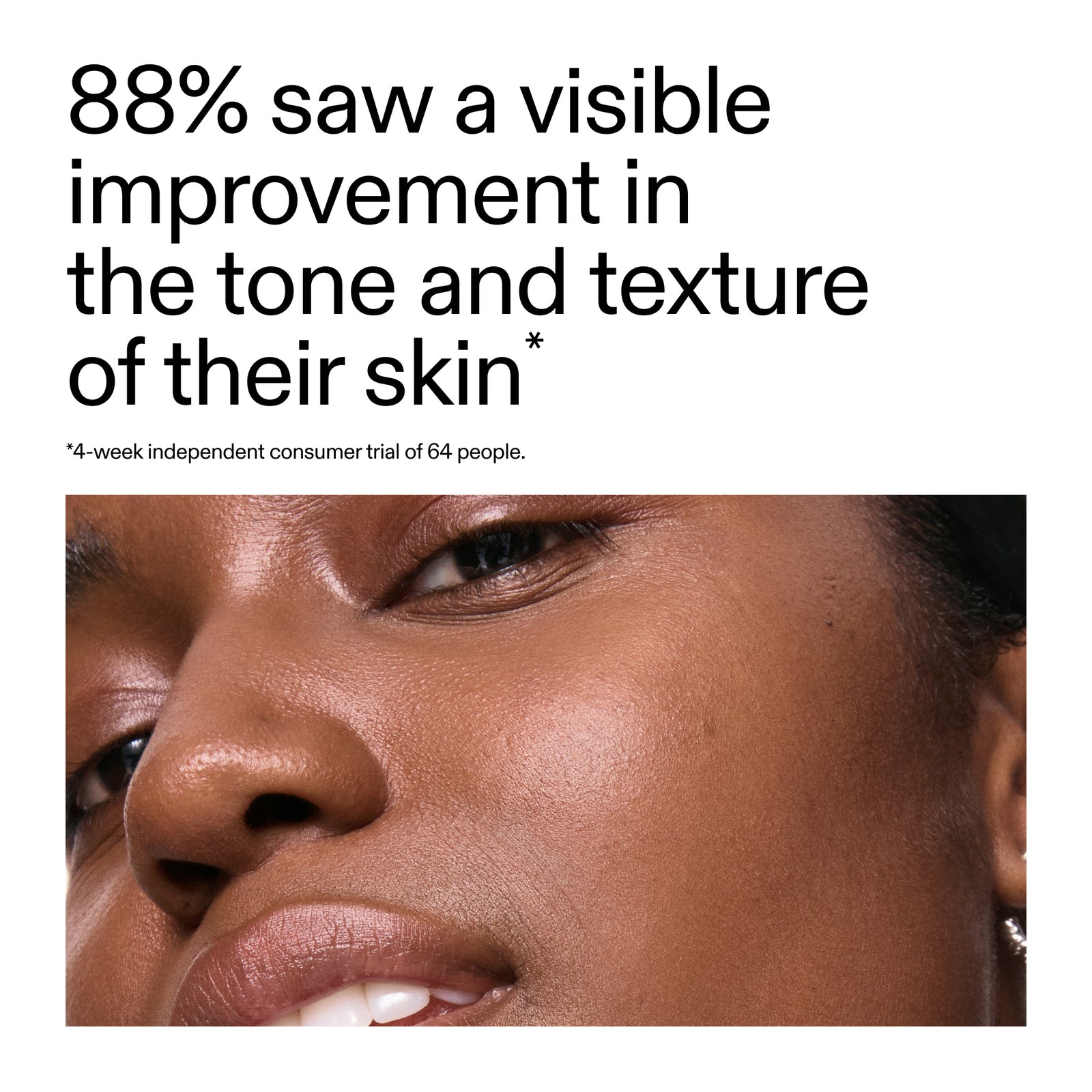 close-up of a person's face with text about skin improvement from a clinical study of people using 15% Vitamin C + EGF Serum