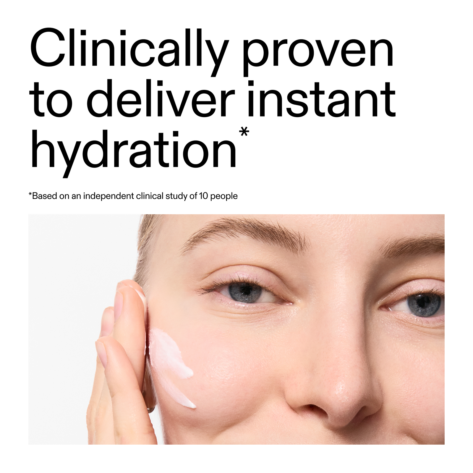 key claim of Dewy Sunscreen SPF 30 showing a close-up of a person's face with text claiming instant hydration from clinical study