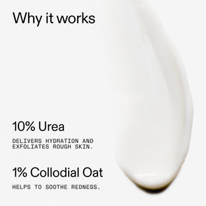 Close-up of a white cream with text explaining 10% Urea Moisturiser ingredients and benefits on a white background.