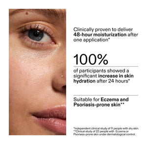 Close-up of a person's eye with text about skincare product efficacy of using 10% Urea Moisturiser in a clinical study