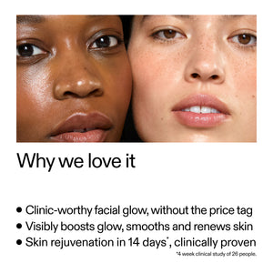 Close-up of two people's faces with text about Exosome product benefits.