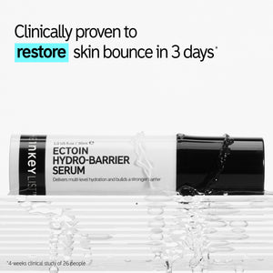 Product image of Ectoin Hydro-Barrier Serum with water splashes. Text states it’s clinically proven to restore skin bounce in 3 days* *4 week clinical study of 26 people