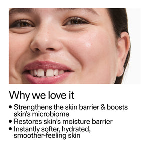 Close-up of a woman's face with text highlighting skincare benefits of using. Ectoin Hydro-Barrier Serum