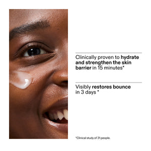 Close-up of a person's face with skincare product, text about skin barrier restoration from a clinical study of customers using Ectoin Hydro-Barrier Serum