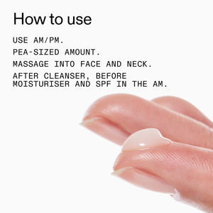 Instructions on how to use a s20% Niacinamide Serum with text and close-up of finger.