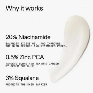 Product with text detailing i20% Niacinamide Serum ingredients and benefits on a white background