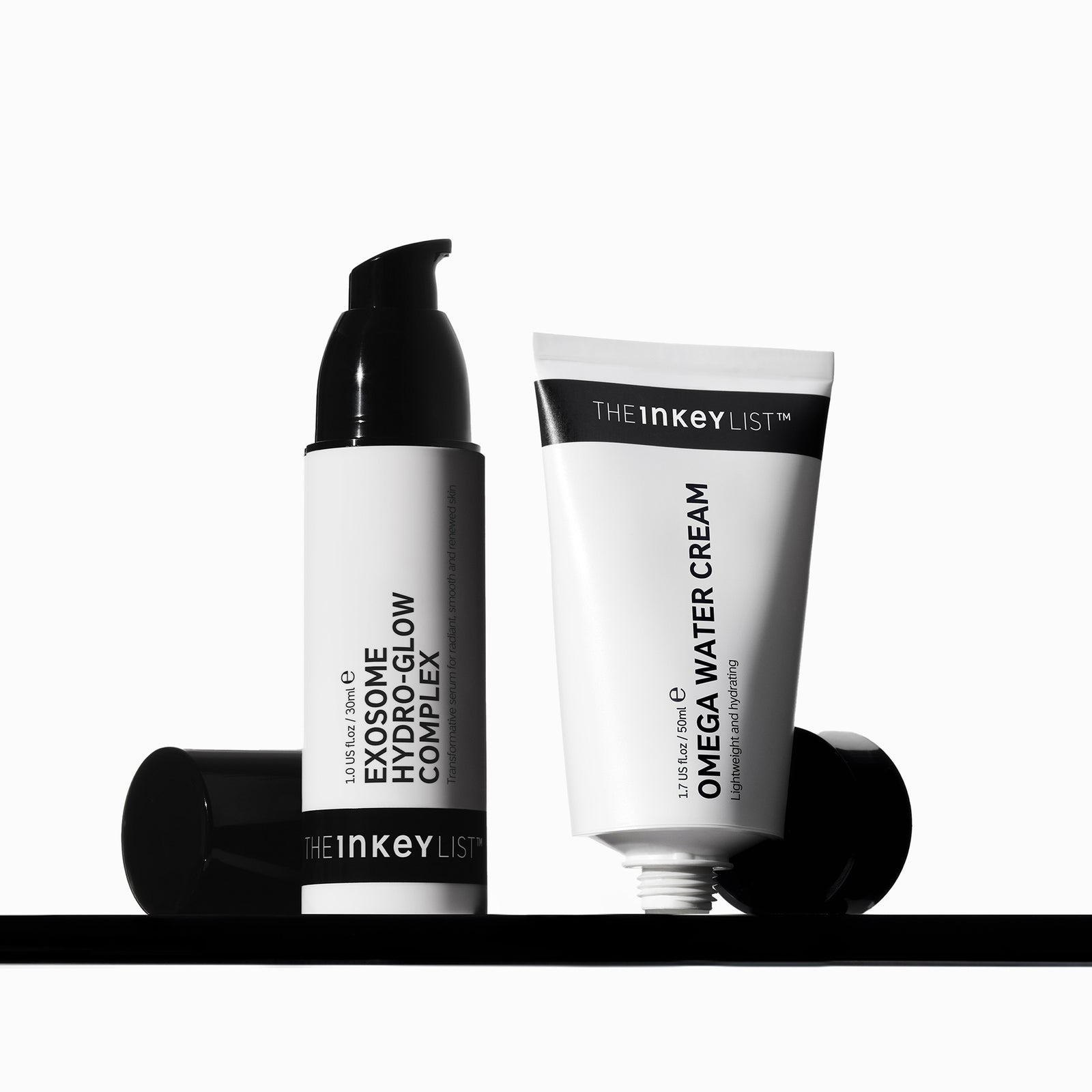 Exosome Hydro-Glow Complex and Omega Water Cream on shelf