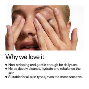 Model using Glycerin Cleanser with text about skincare product benefits