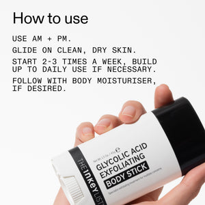 Exfoliating body stick with application instructions on a white background
