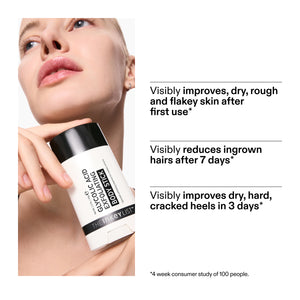 Exfoliating stick with text on skin benefits and study details