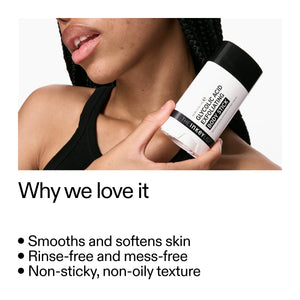 Person holding Glycolic Acid Exfoliating Body Stick with text highlighting its benefits