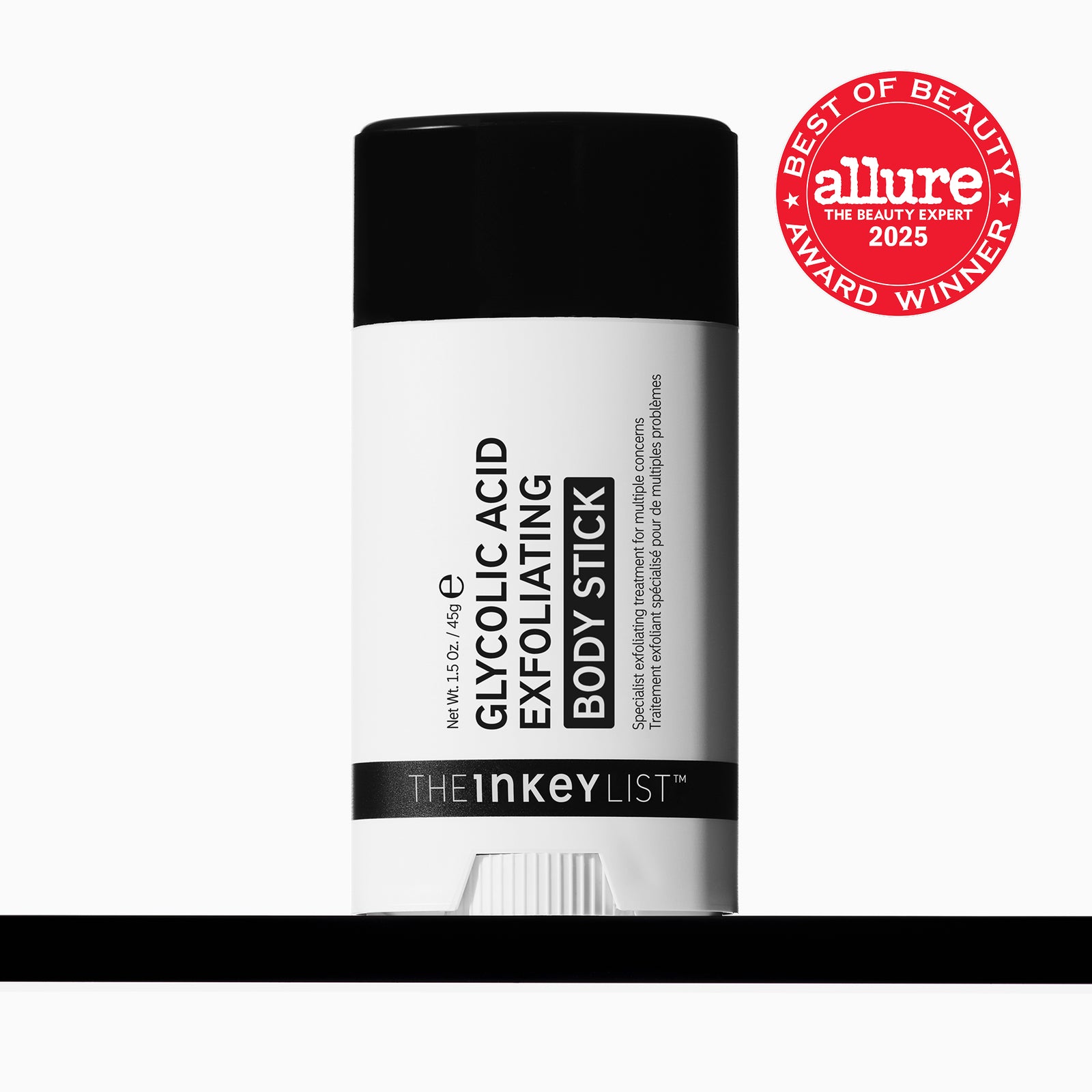 The Inkey List Glycolic Acid Exfoliating Body Stick with Allure Best of Beauty Award badge on a white background