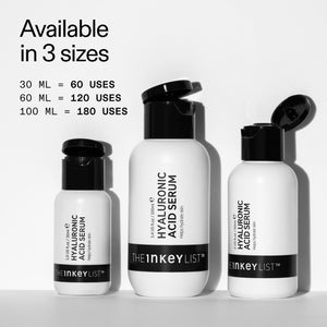 3 different bottle sizes of Hyaluronic Acid Serum and usage. (30ml = 60 uses, 60ml = 120 uses 100ml = 180 uses)