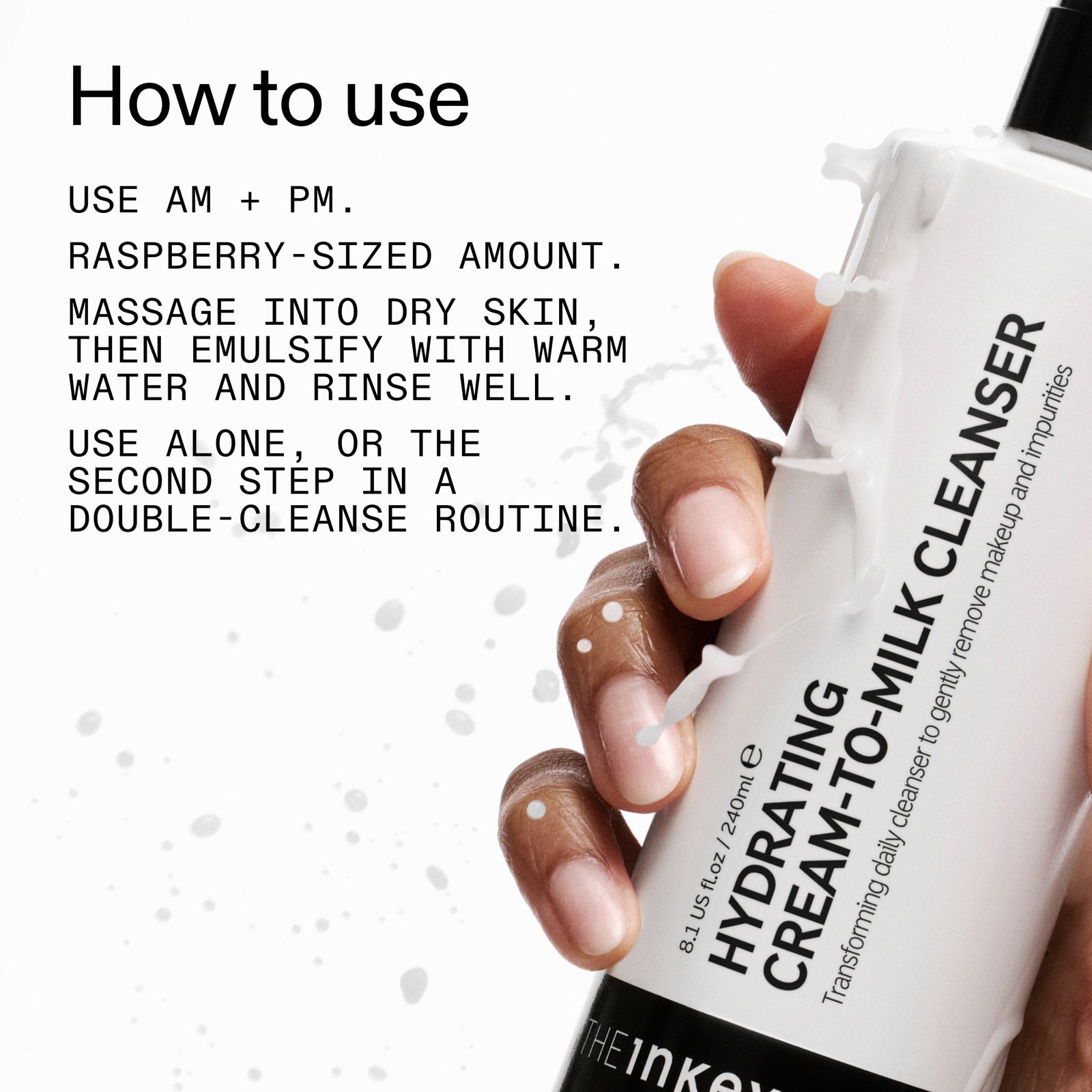 Hand holding Milk Cleanser with usage instructions on a white background