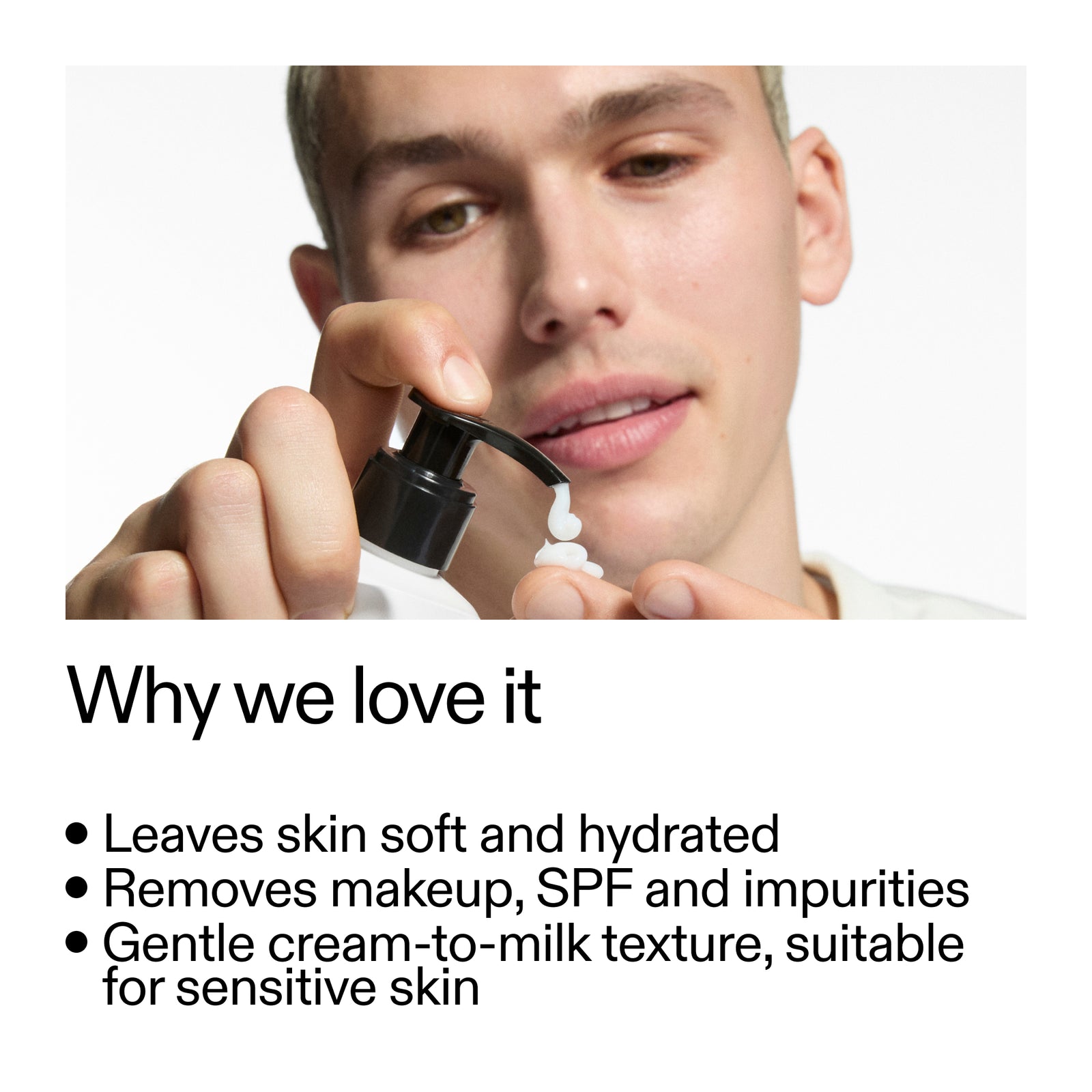 Person using Milk Cleanser with text highlighting benefits on a white background