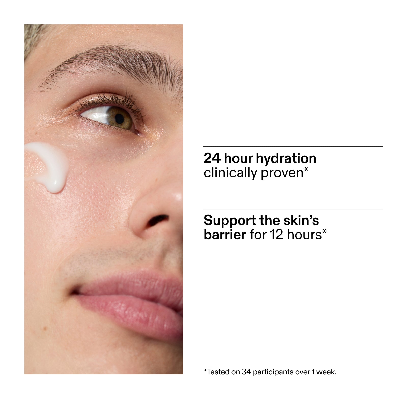 Close-up of a person's face with Milk Cleanser applied, text about hydration and skin barrier support from a clinical study