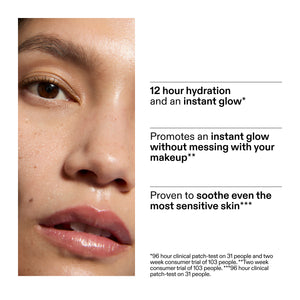 Close-up of a person's face with text about skincare product benefits from a clinical trial of Hydro-surge Dewy Face Mist