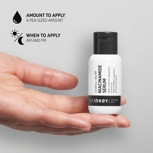 Bottle of Niacinamide Serum sitting on a palm of a hand with copy