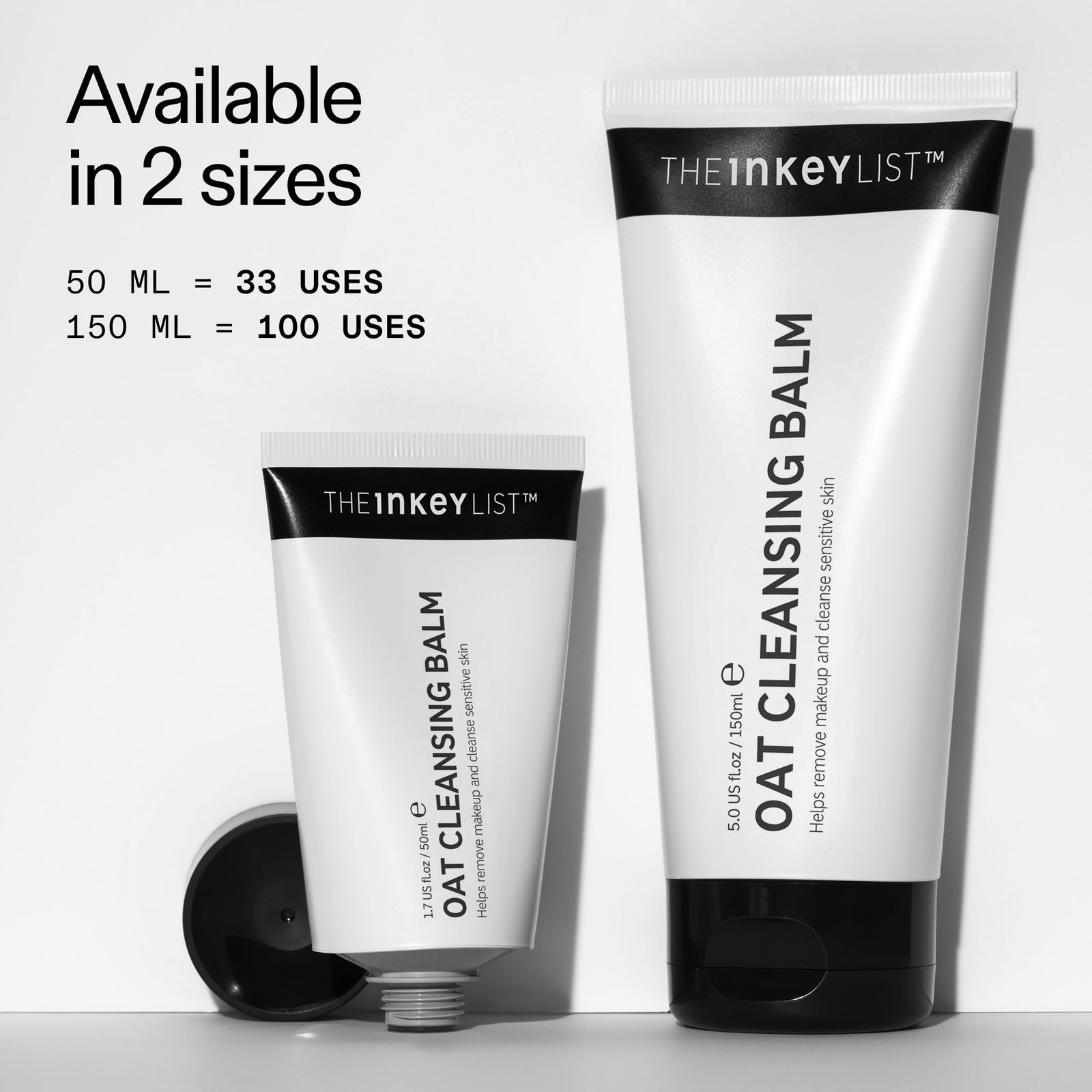 2 different Oat Cleansing Balm bottle sizes and usage (50ml = 33 uses & 150ml = 100 uses)