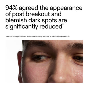 Text indicating that 94% of participants agreed dark spots were significantly reduced after a breakout, with a close-up of a person's eye.
