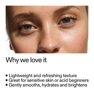 Close-up of a person's eye with text highlighting PHA Toner benefits on a white background