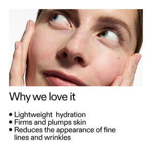 Close-up of a person's face with text highlighting skincare benefits in Peptide Moisturizer