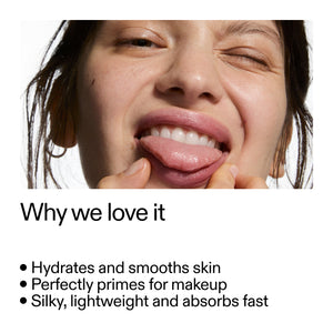 Person applying lip product with text about Polyglutamic Acid Serum benefits