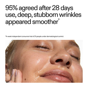 Advertisement for a skincare product showing a close-up of a person's face with text about wrinkle reduction from a consumer study using 1% Retinol Serum