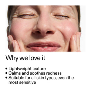 Close-up of a person's face with text highlighting Azelaic Acid Serum benefits on a white background