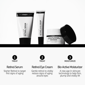Retinol Serum: Targets first signs of aging. 2. Retinol Eye Cream: Reduces aging around eyes. 3. Bio-Active Moisturizer: Firms, plumps, and lifts skin.