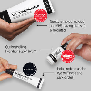 Oat Cleansing balm Allure 2020 award, HA Serum Allure 2022 award and Caffeine Eye Cream Byrdie 2022 award