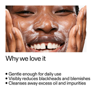 Person applying Salicylic Acid Cleanser text highlighting product benefits