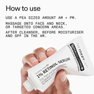 Tube of The Inkey List Supersolutions+ Retinol Serum held by a hand with text on how to use it.