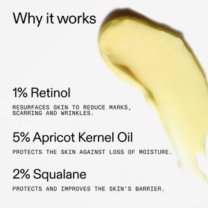 Product description with ingredients n 1% Retinol Serum and their benefits on a white background