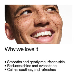 Close-up of a person's face with text highlighting 1% Retinol Serum benefits on a white background