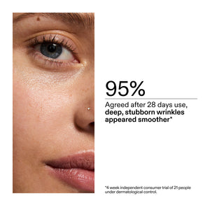 Close-up of a person's eye with text about wrinkle reduction after 28 days use from a clinical study