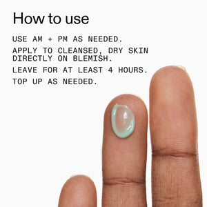 how to use Succinic Acid Acne Treatment with a close-up of a finger applying it.