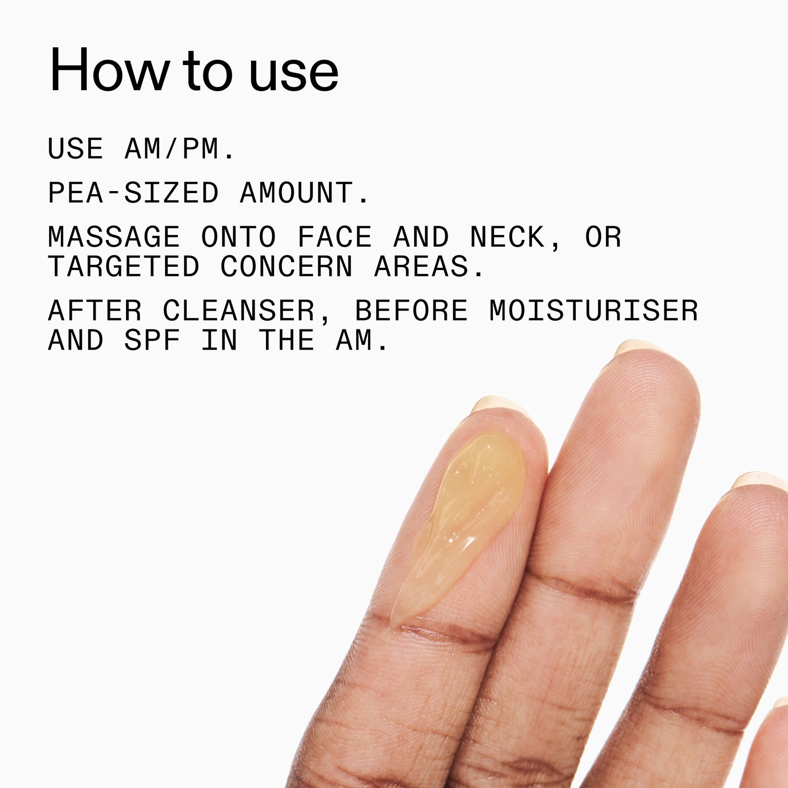 Hand with a pea-sized amount of Tranexamic Acid Serum on a white background with text on how to use it.