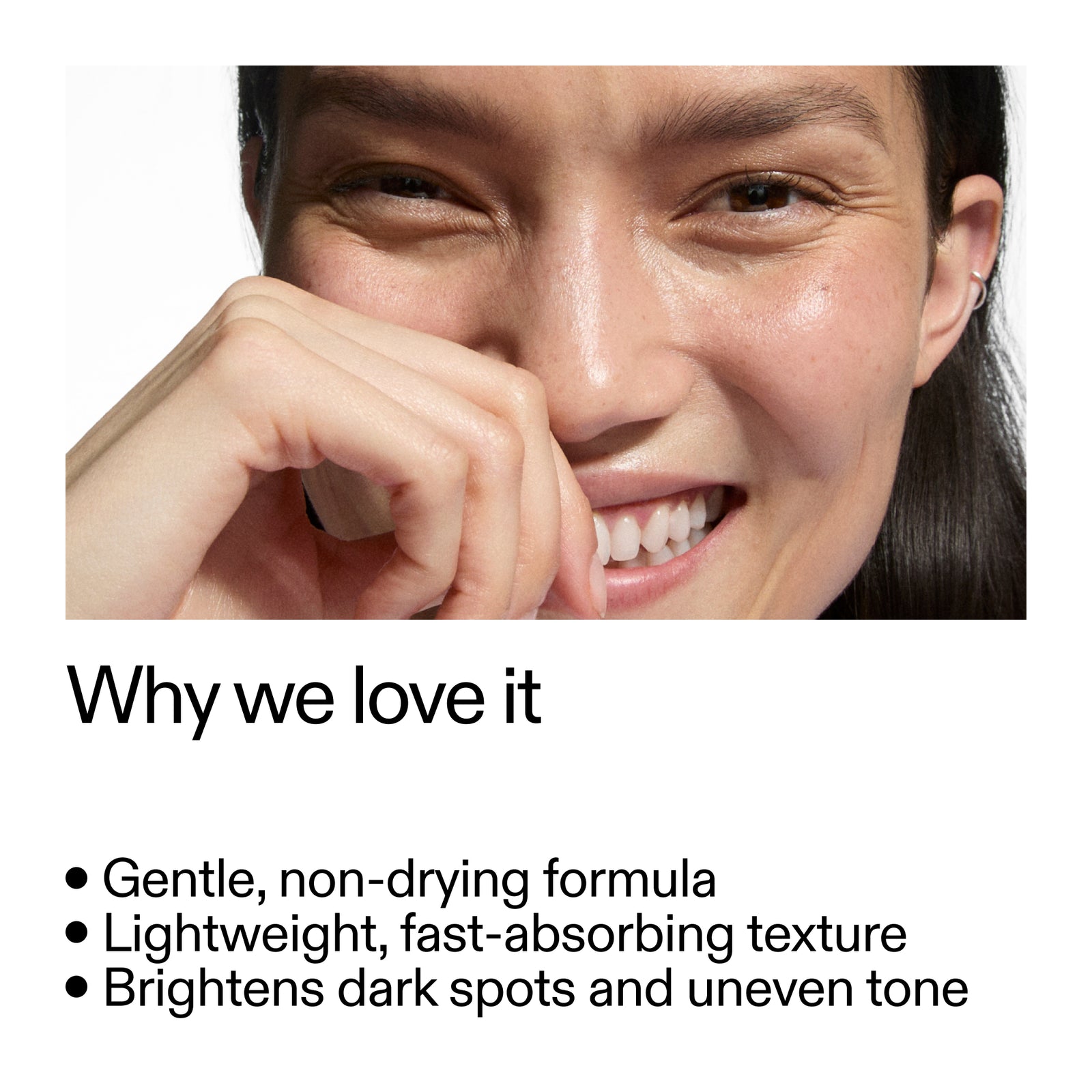 Woman with a smile, text about Tranexamic Acid Serum benefits on a white background