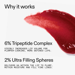 Tripeptide Plumping Berry Lip Balm on a white background, featuring text about its ingredients and benefits.