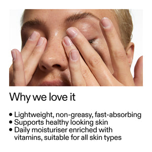 Person applying a daily moisturizer with text highlighting its benefits