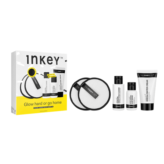 Inkey skincare product set with packaging on a white background