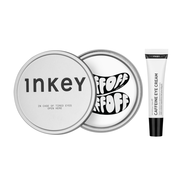 Inkey Caffeine Eye Cream packaging with a silver tin and white tube on a white background
