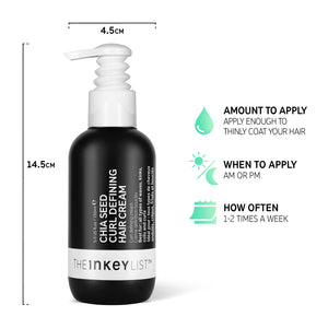 Chia seed curl defining hair treatment bottle infographic with product usage description