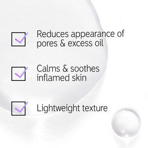 Phytic Acid Serum texture shot with text overlay listing the 3 main benefits. 'Reduces the appearance of pores and excess oil', 'Calms & soothes inflamed skin' and 'Lightweight texture'